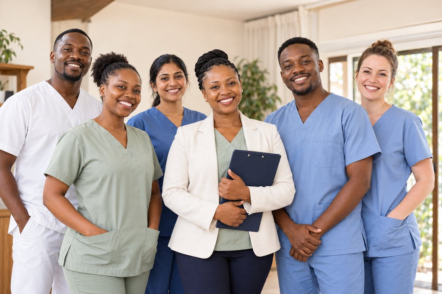 A diverse care team with Black, South Asian and white professionals, led by a Black care coordinator