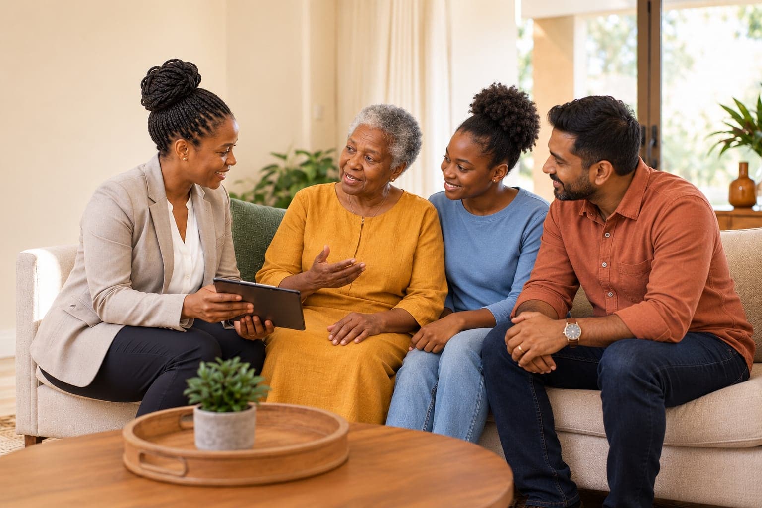 A Black care coordinator discussing a care plan with an older Black woman, her daughter and her South Asian son-in-law