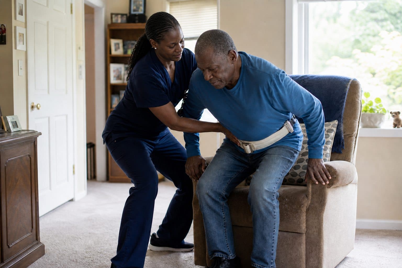 A Black Kenyan caregiver supporting an older Black Kenyan man during a safe sit-to-stand transfer