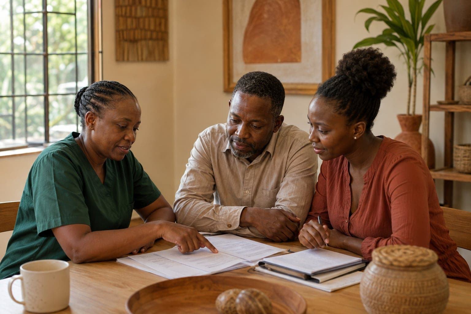 Kenyan care professionals discussing care notes together in a welcoming office