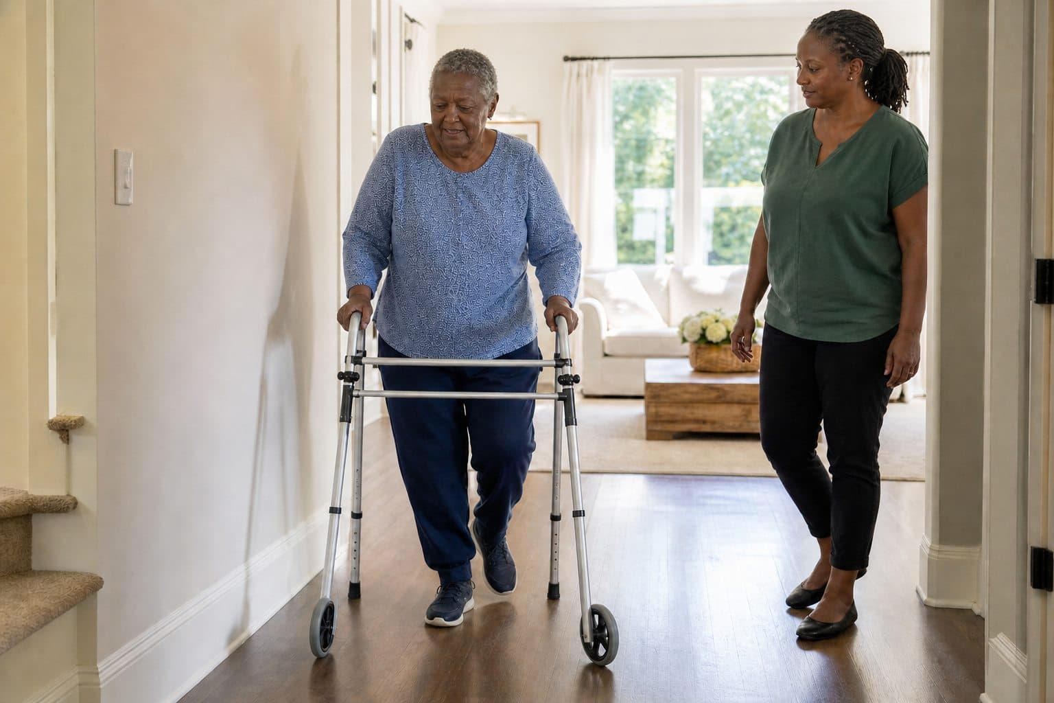 An older Black Kenyan woman using a walking frame with a Black Kenyan caregiver nearby