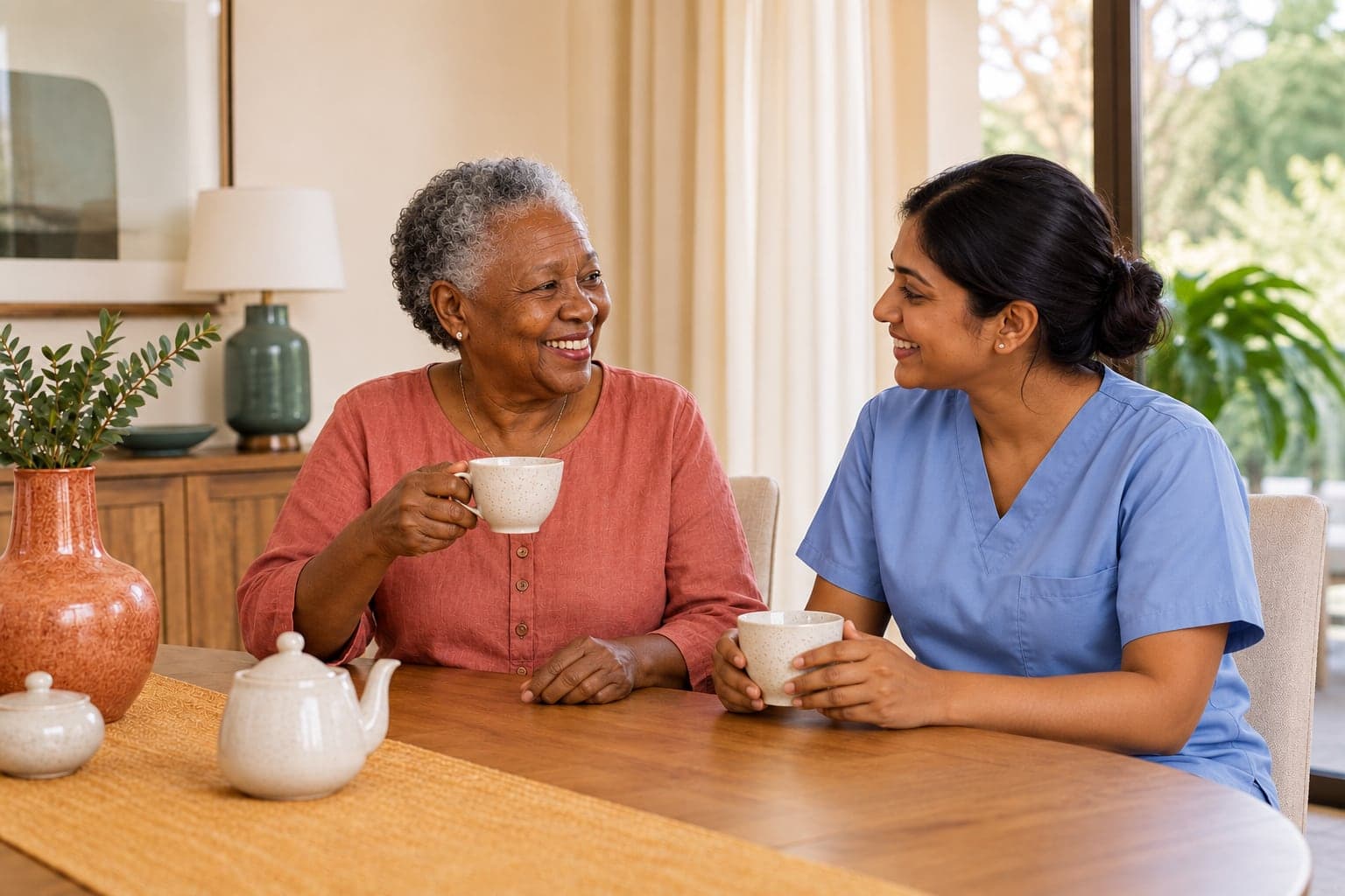 An older Black woman and her South Asian caregiver enjoying tea and conversation