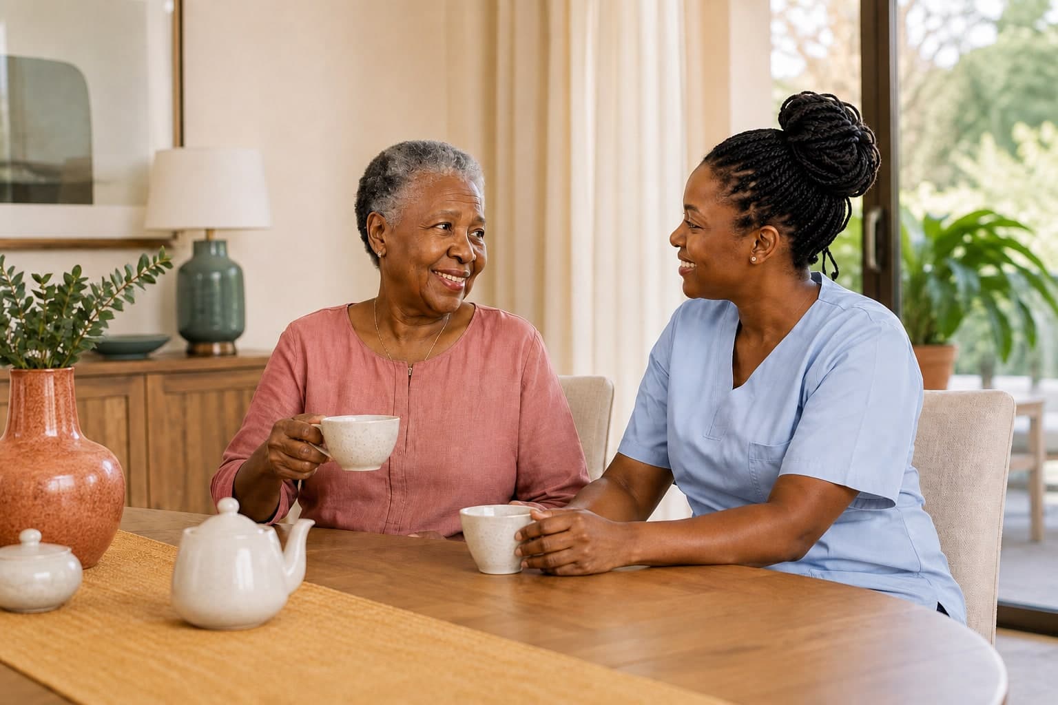 A caregiver sharing a warm conversation with an older woman at home
