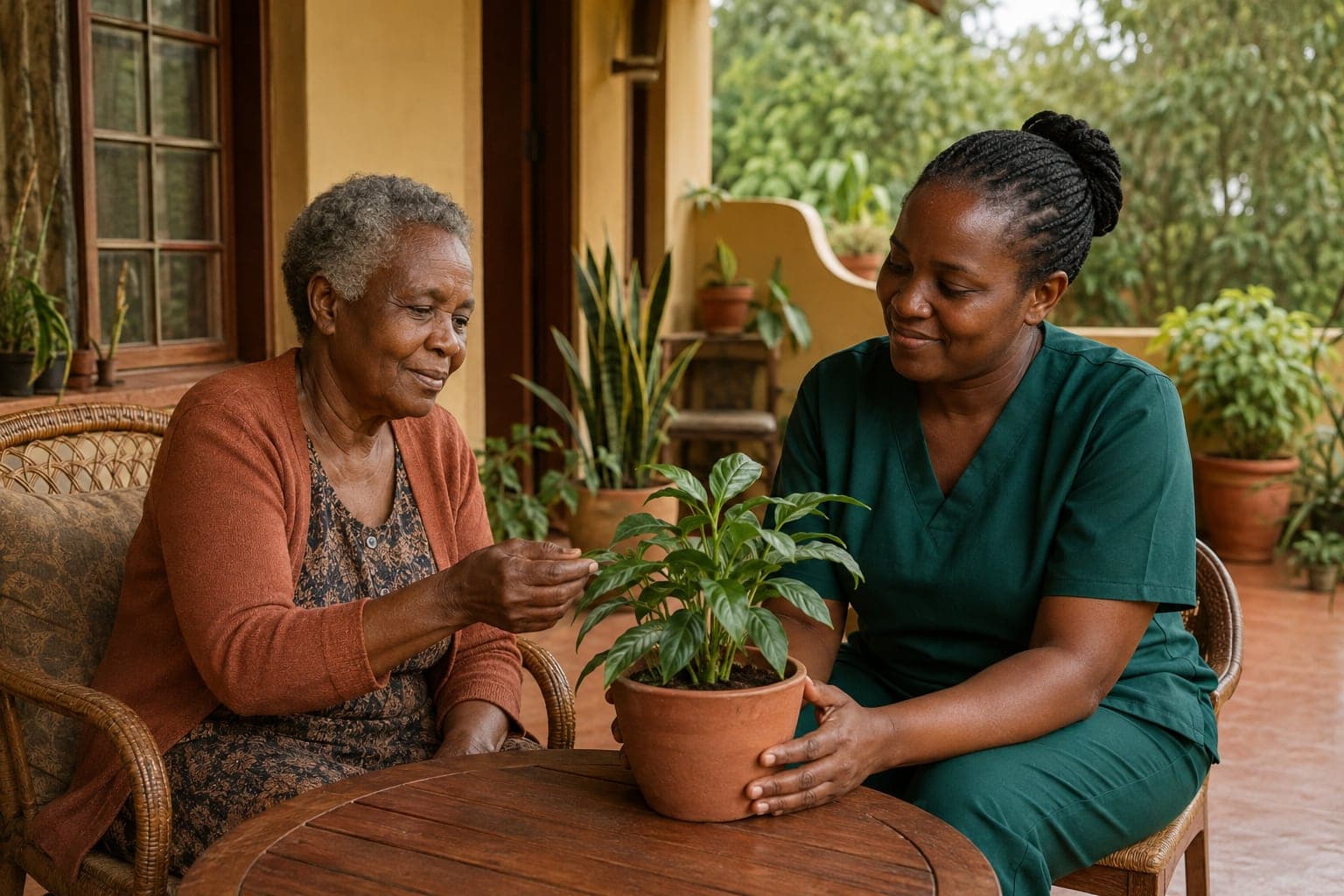 An older Kenyan woman and caregiver tending a potted plant together on a sheltered patio