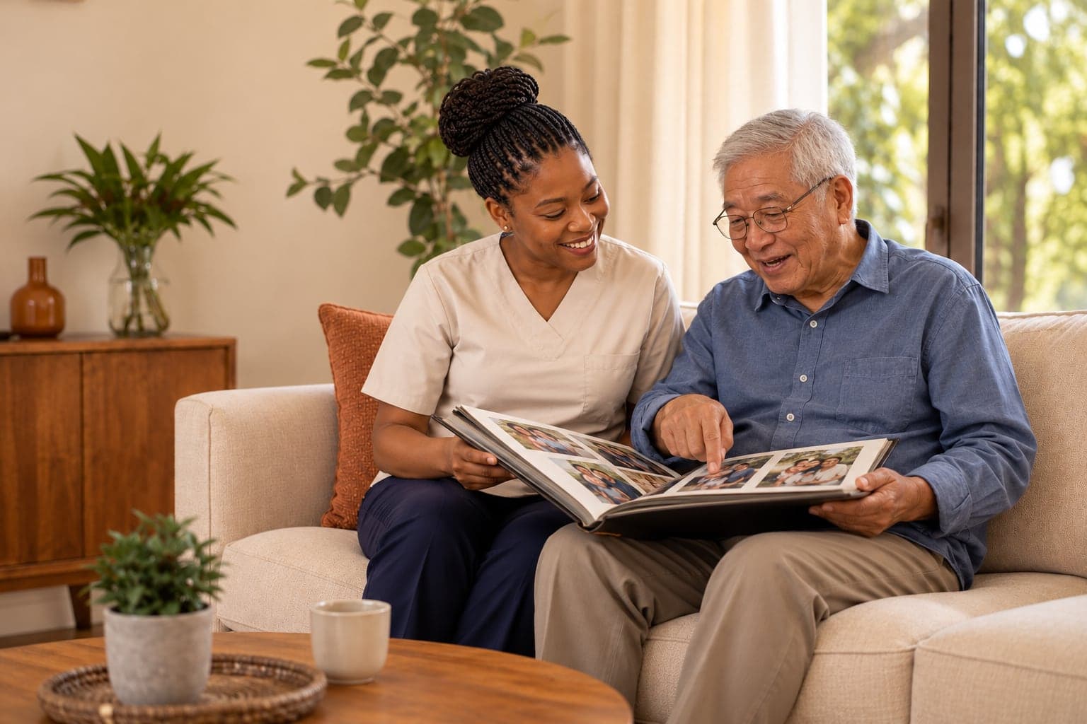 A Black caregiver and an older East Asian man sharing memories over a family photo album