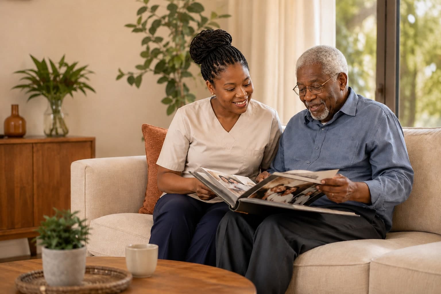 A caregiver and older gentleman looking through a family photo album