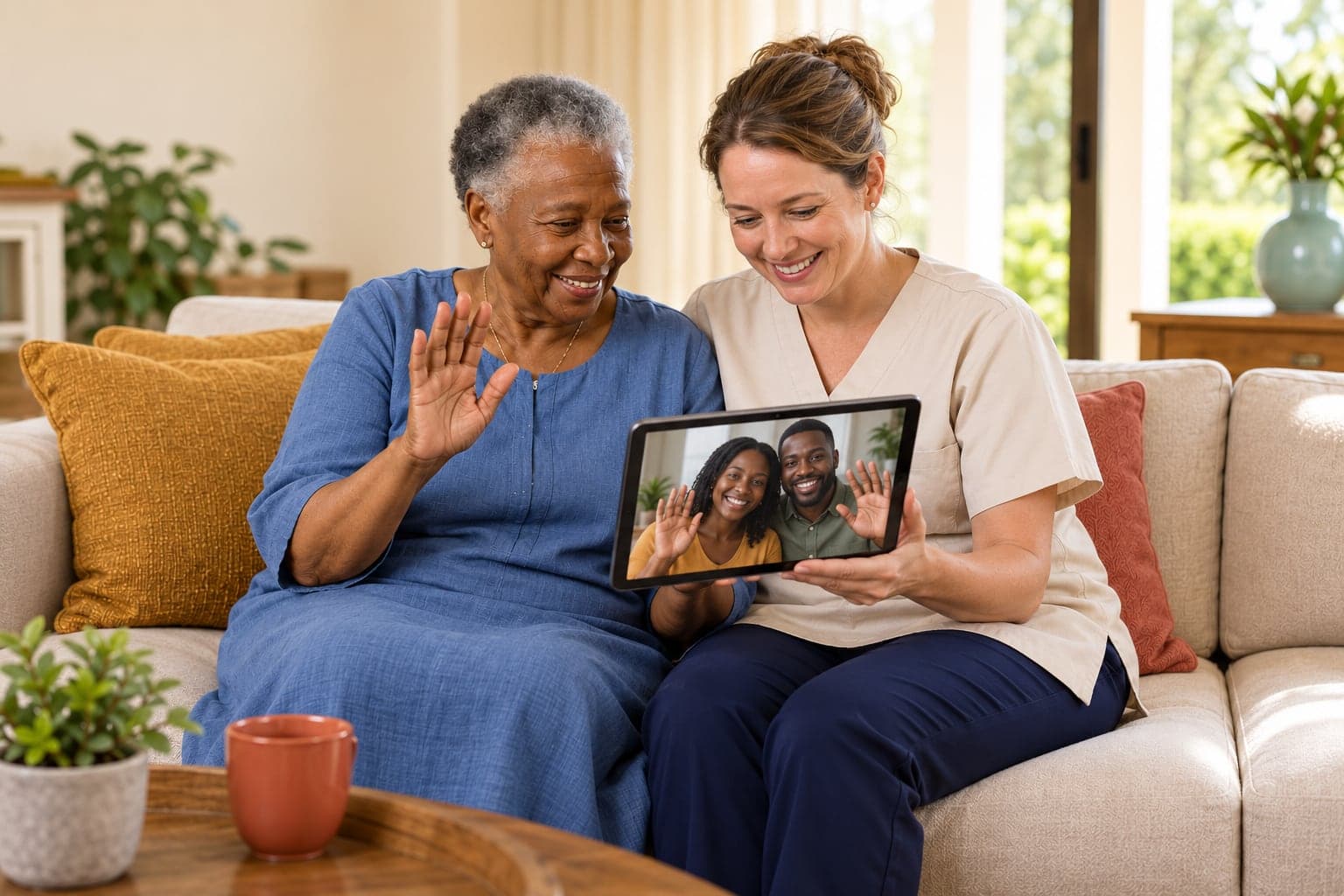 An older Black woman and a white caregiver video calling her Black family abroad