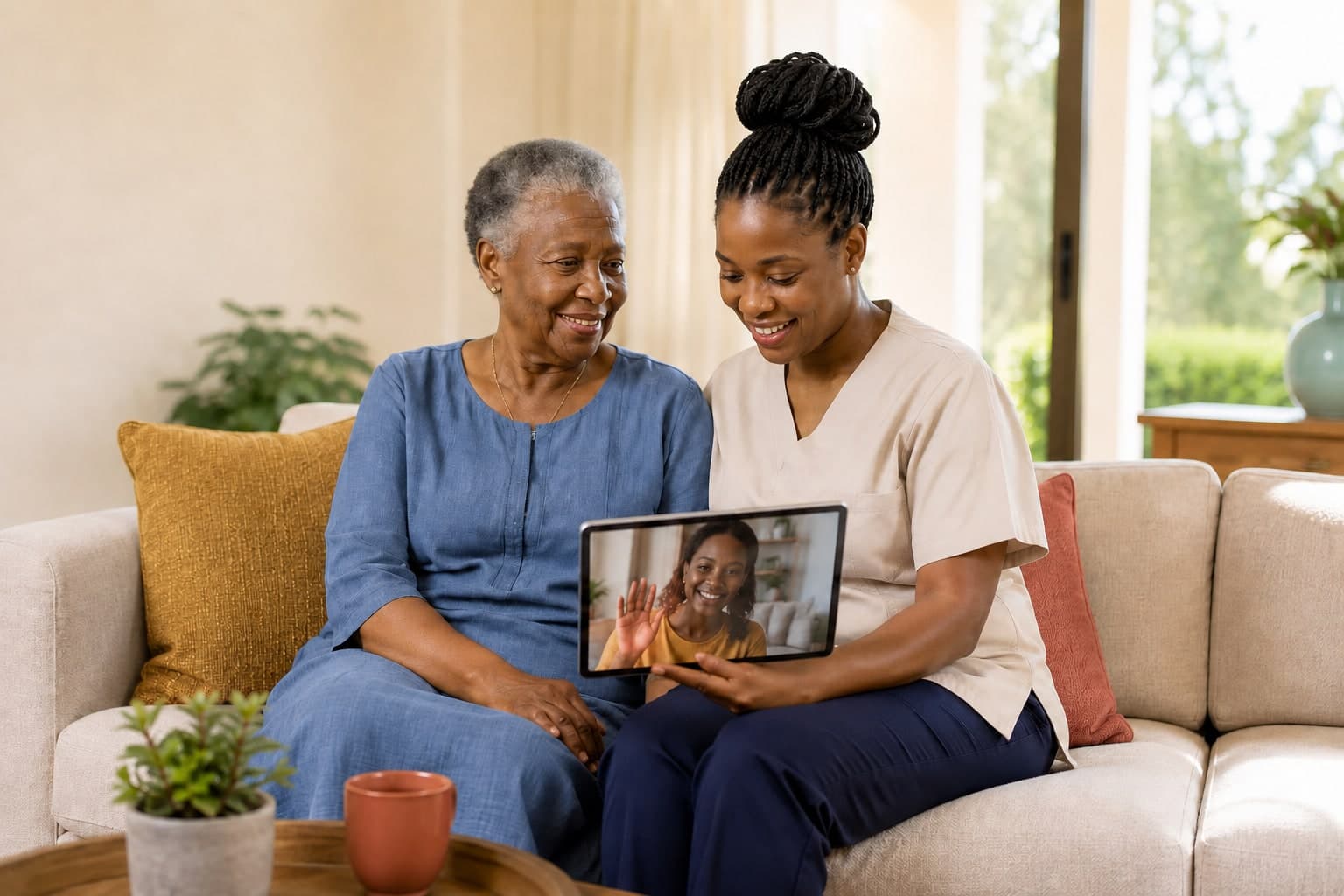 An older Kenyan woman and caregiver speaking with family abroad by video call