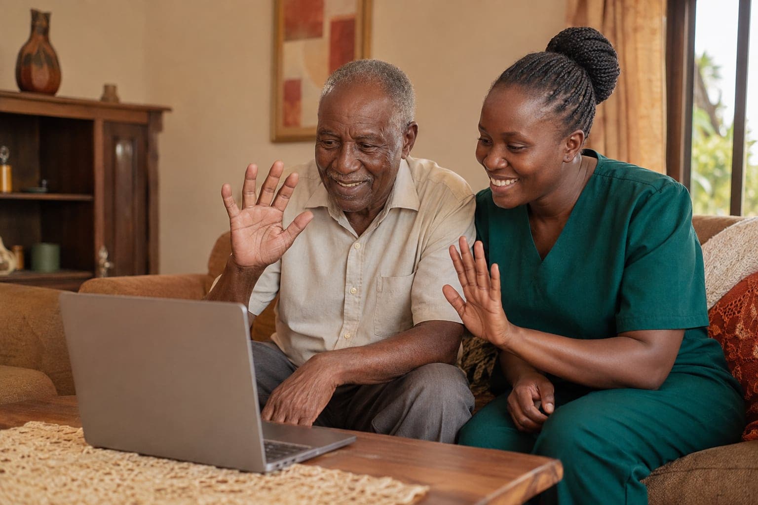 An older Kenyan father and caregiver smiling during a family video call at home