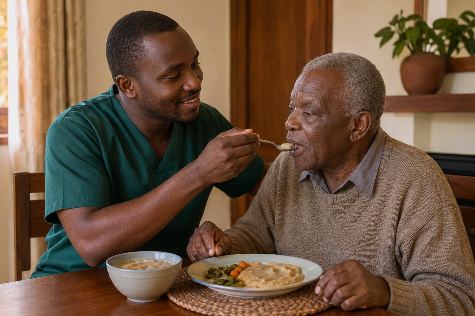 A Kenyan caregiver helping an older man eat with a spoon, with a bowl and plate of food visible