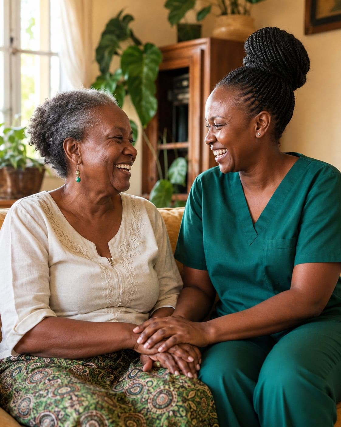 An older Kenyan woman and her caregiver sharing a joyful laugh and holding hands at home