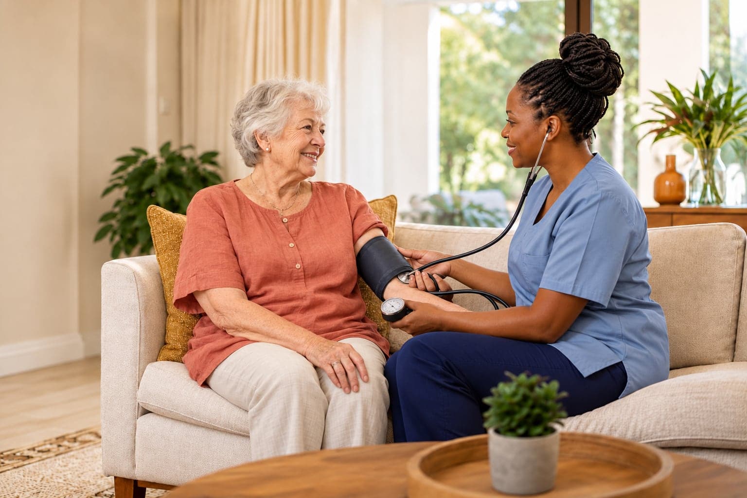 A Black nurse checking an older white woman’s blood pressure at home