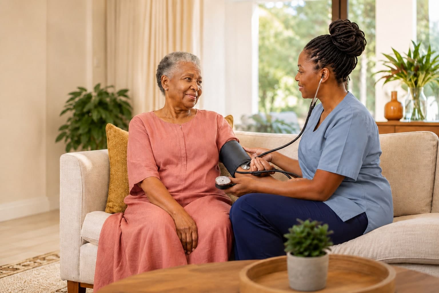 A home care professional checking an older woman’s blood pressure
