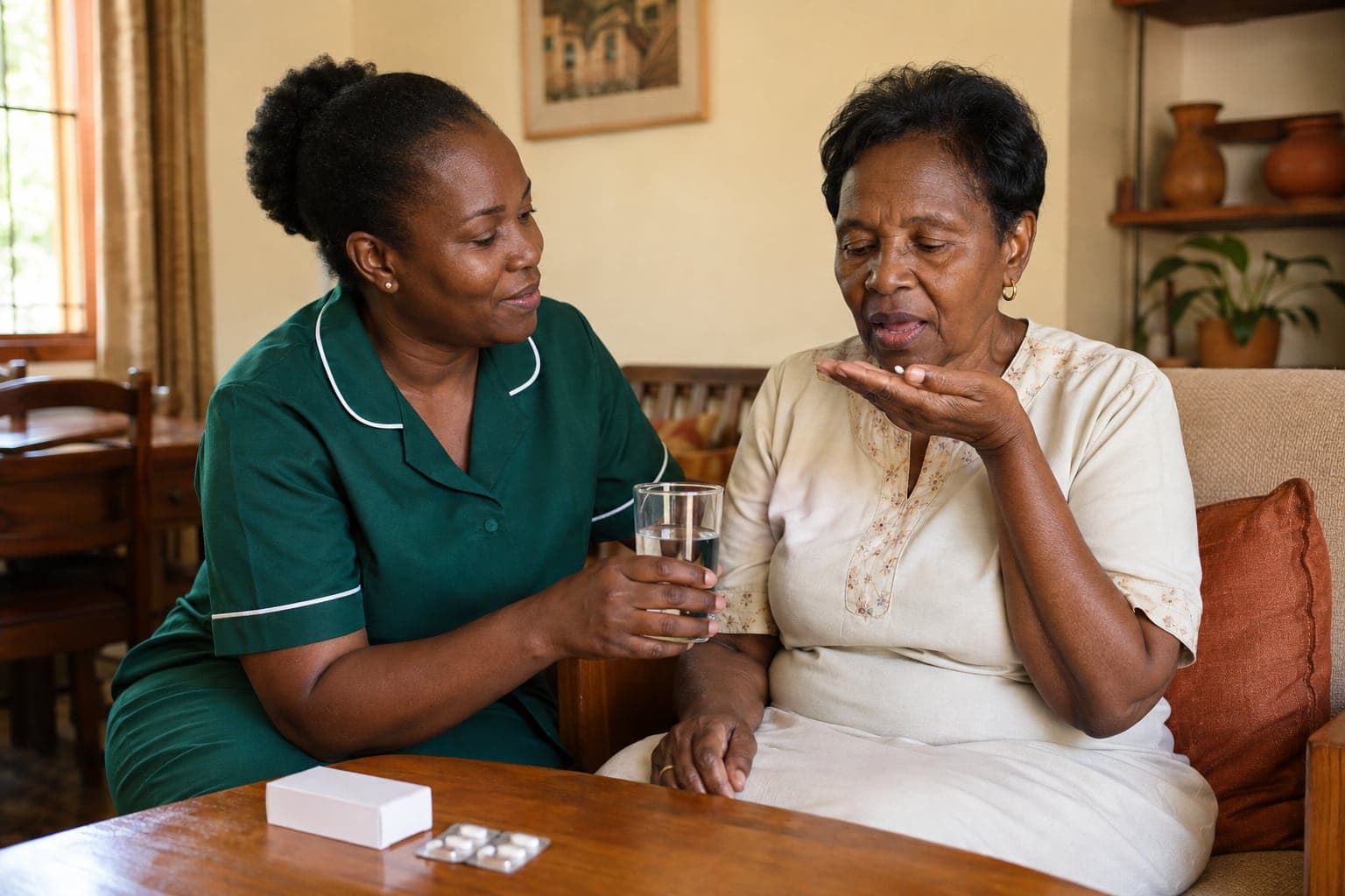 A Kenyan nurse offering water as an older woman prepares to take a visible tablet, with a medicine carton and blister pack on the table