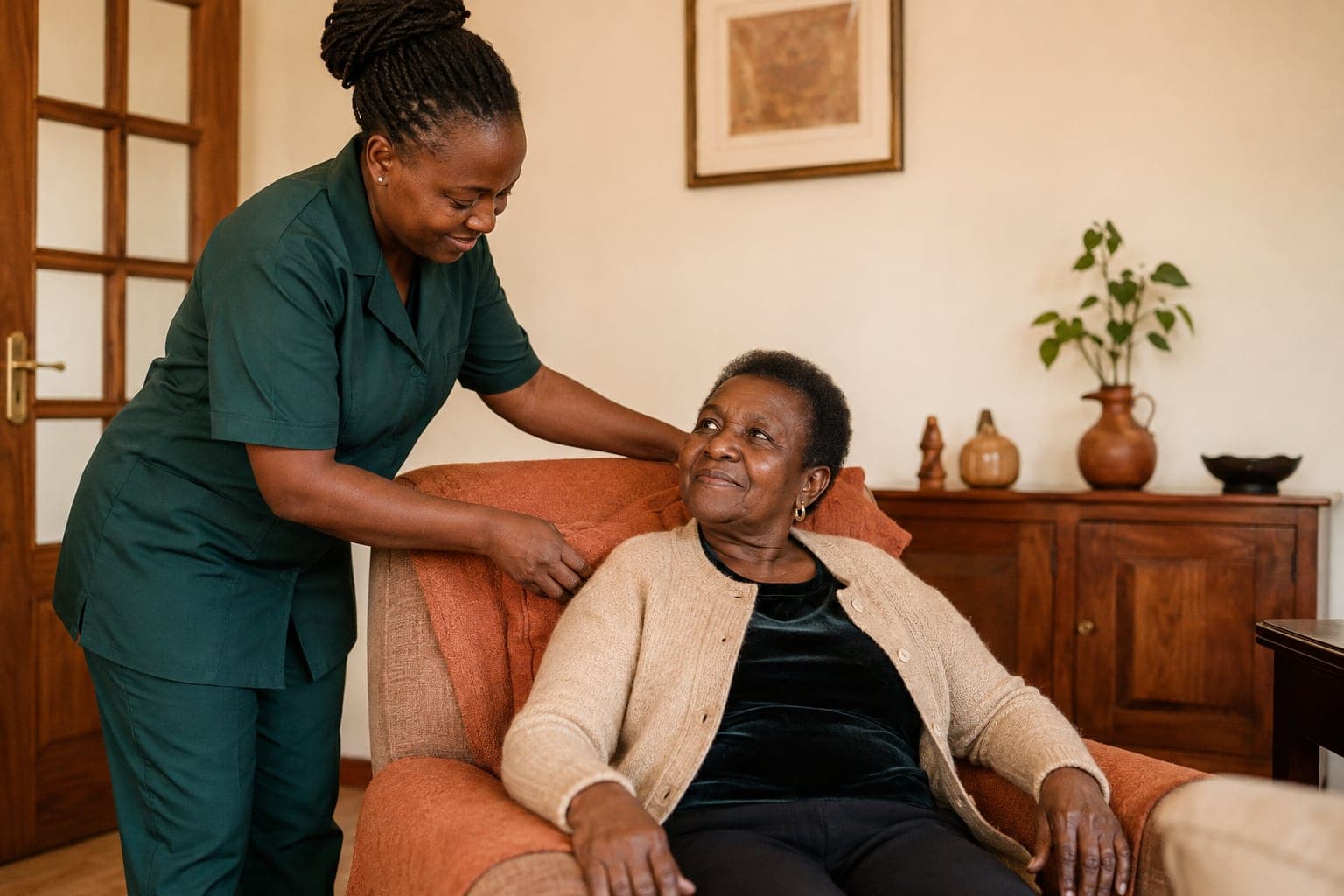A Kenyan caregiver adjusting a cushion to help an older woman sit comfortably at home