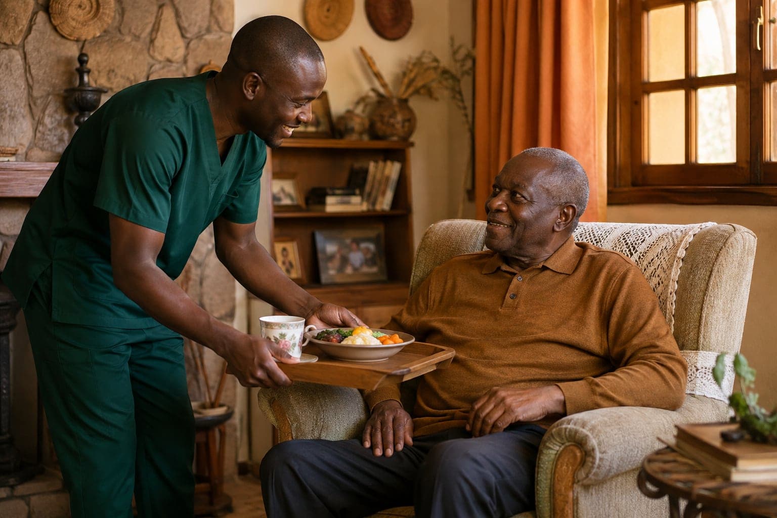 A Kenyan caregiver bringing a meal and tea to an older man recovering at home