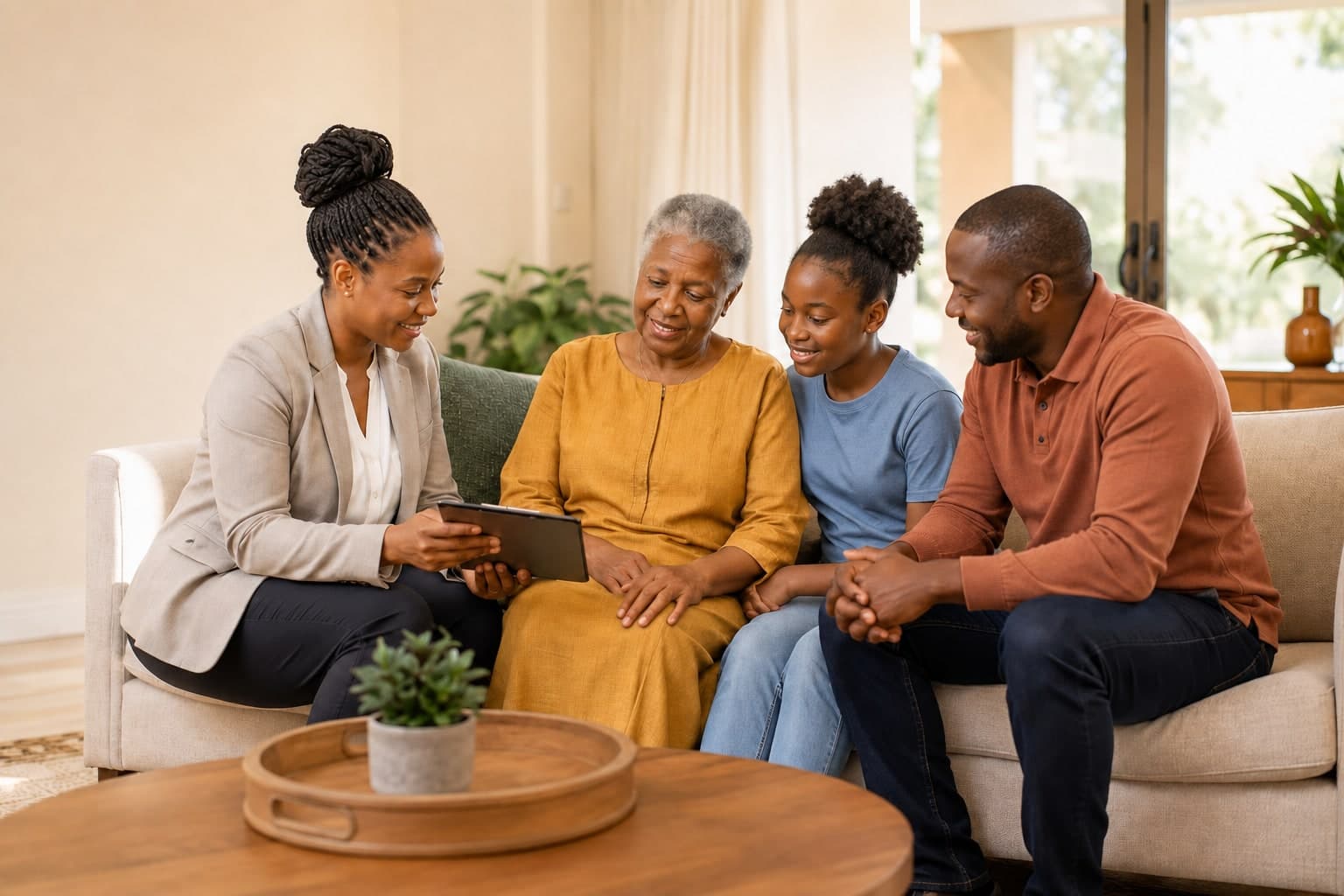 A Kenyan family discussing a home care plan with a coordinator