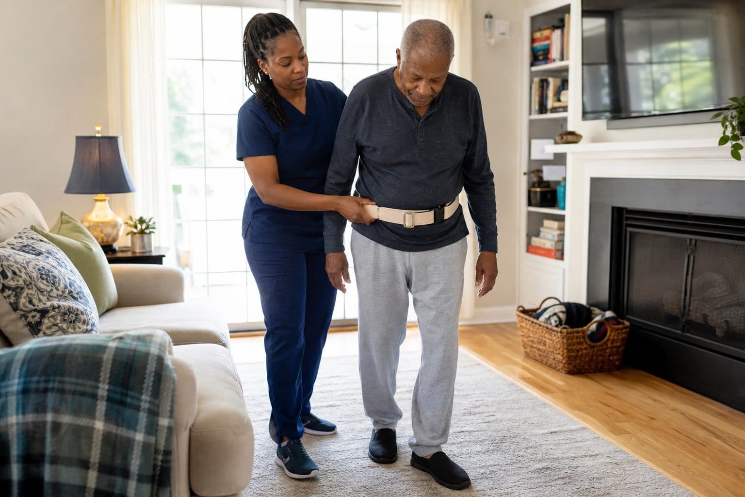 A Black Kenyan caregiver supporting an older Black Kenyan man with a gait belt at home