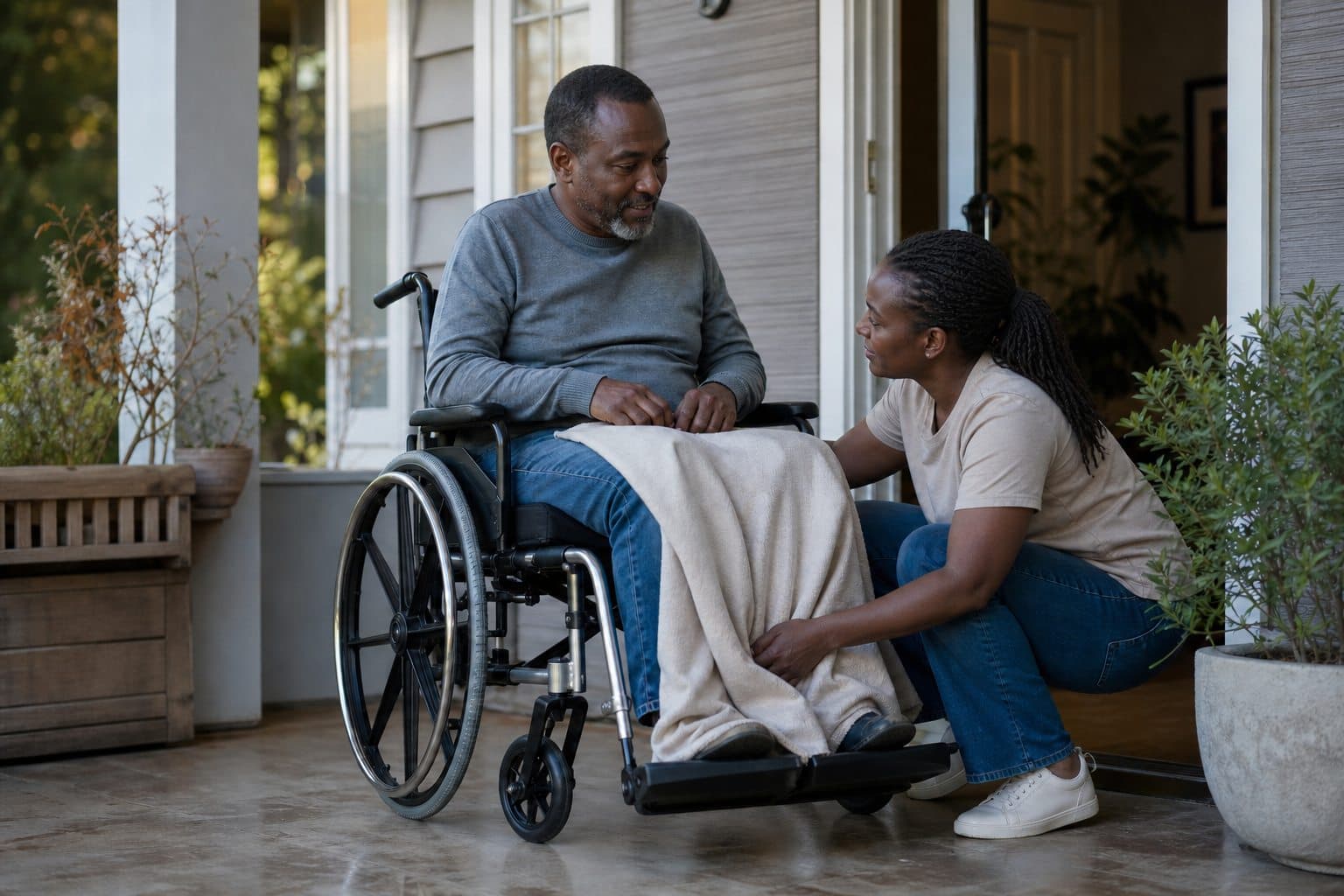 A Black Kenyan wheelchair user receiving respectful everyday support from a Black Kenyan caregiver